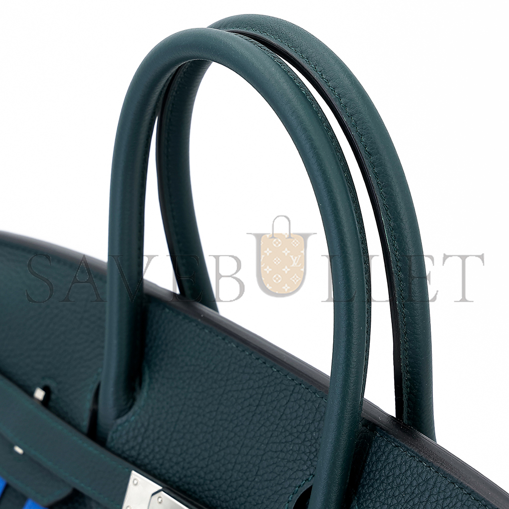 HERMÈS BIRKIN 25 TOGO LEATHER CYPRESS GREEN AND GLASS BLUE WITH SILVER BUCKLE BAG 8241275657 (25*20*13cm)